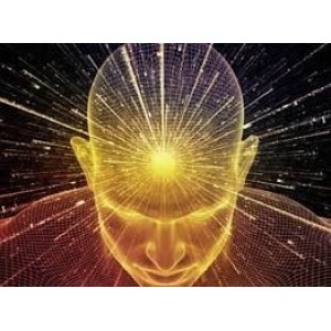 Abstract illustration of a human head with a glowing brain and radiant energy lines, symbolizing mental focus or neural activity.