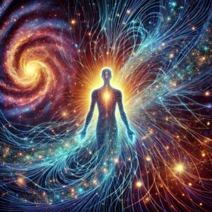 Glowing human silhouette in space, with radiant energy threads emanating from the body and swirling galaxies around. (Position: central figure surrounded by cosmic activity)